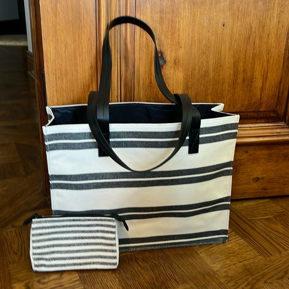 Black and off white striped large canvas tote and small zipper bag separates